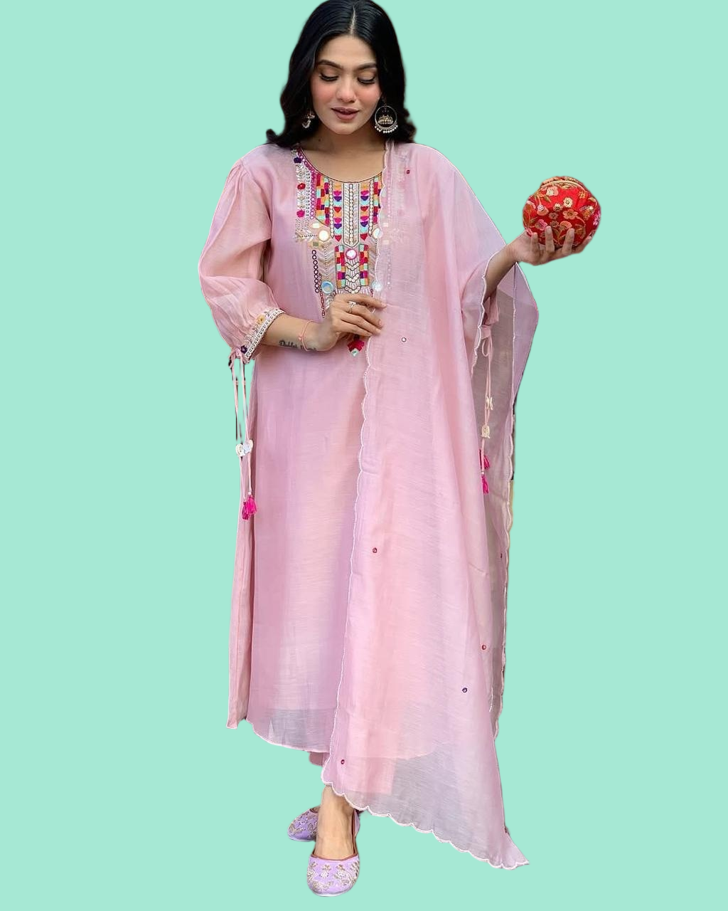 Nitya - Blush Pink Floral Embroidered Georgette Kurti